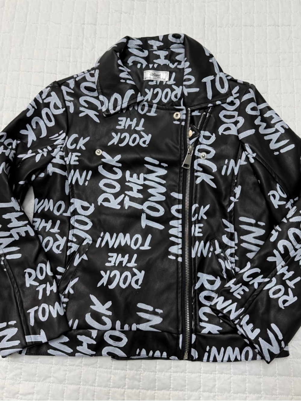 Disney D-Signed Girls M Faux Leather Moto Jacket Graffiti Black